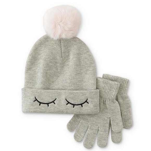 ✨$7 SALE PRICE ✨ New Girl Knit Beanie & Gloves Gray Eyelash Winter Cap Mittens - Picture 1 of 4